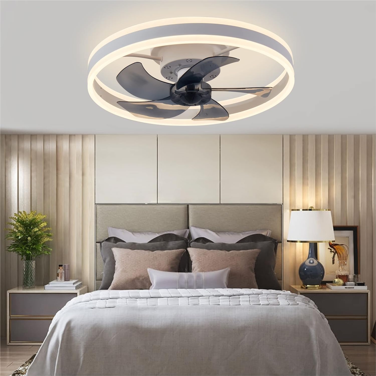 CHANFOK Smart Ceiling Fan with Light, Alexa Compatible, Bladeless, Remote & App Control, Flush Mount for Bedroom, Black