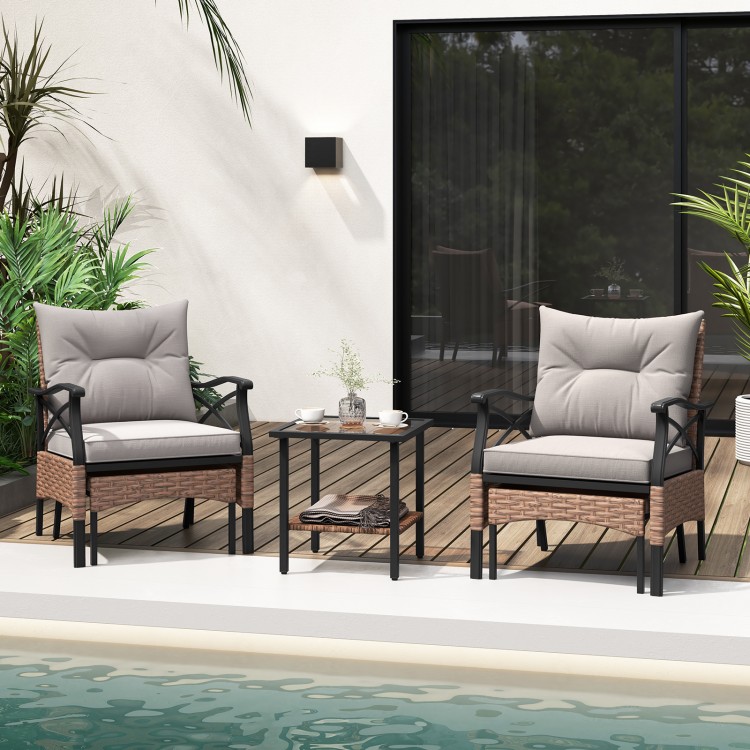 5 Pieces Wicker Patio Furniture Set Ottomans and Cushions and 2-Tier Tempered Glass Side Table