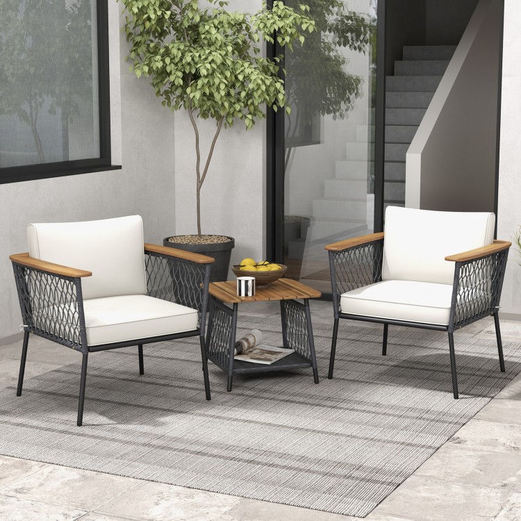 3 Piece Patio Furniture Set Rattan Chair Set with 2-Tier Coffee Table