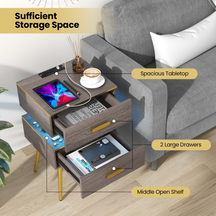 Nightstand Sofa Side Tables with Charging Station and 2 Drawers and LED lights