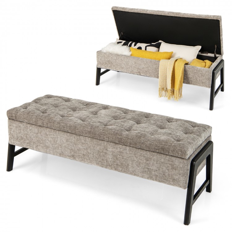 Modern Chenille Storage Bench with Solid Rubber Wood Legs