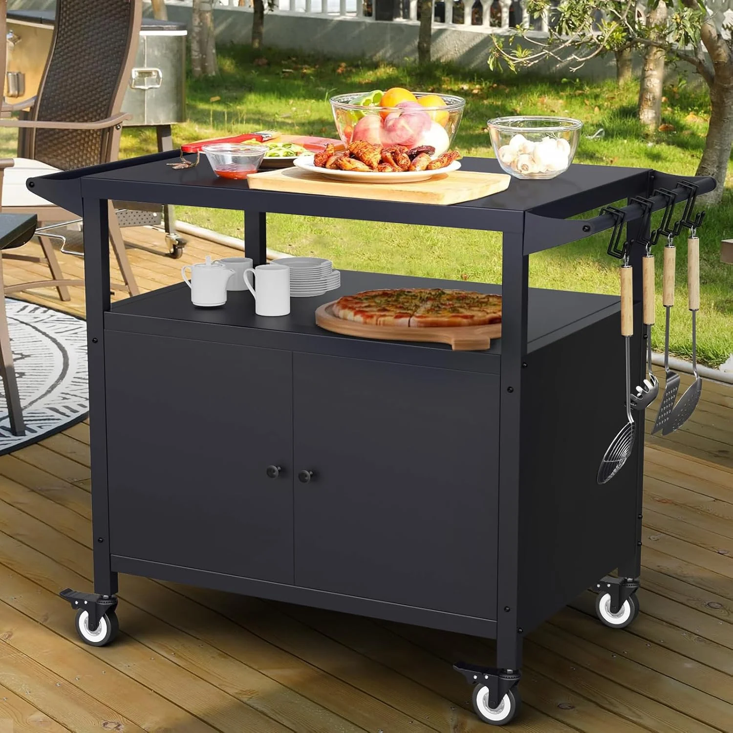 Movable Outdoor Grill Table with Storage & Utensil Hooks – BBQ Serving Cart