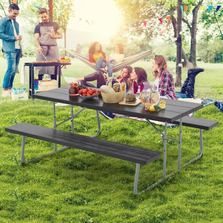 Folding Picnic Table Set with Metal Frame and All-Weather HDPE Tabletop, Umbrella Hole