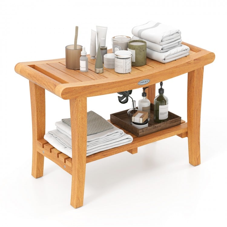 30 Inches Large Teak Shower Stool with Storage Shelf and Non-slip Footpads