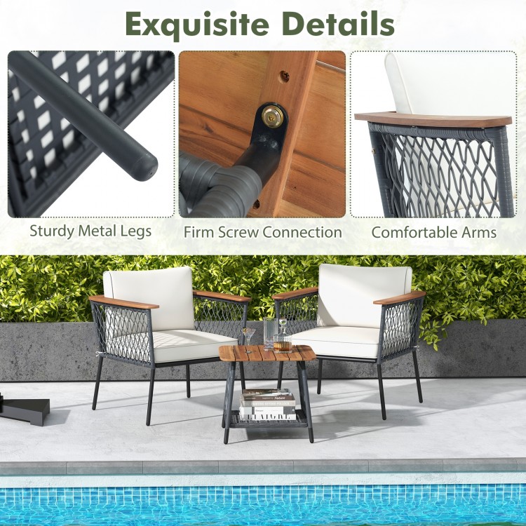 3 Piece Patio Furniture Set Rattan Chair Set with 2-Tier Coffee Table