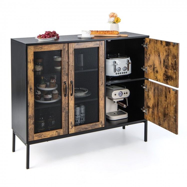 48 Inch Industrial Kitchen Buffet Sideboard with Metal Mesh Doors and Anti-toppling Device