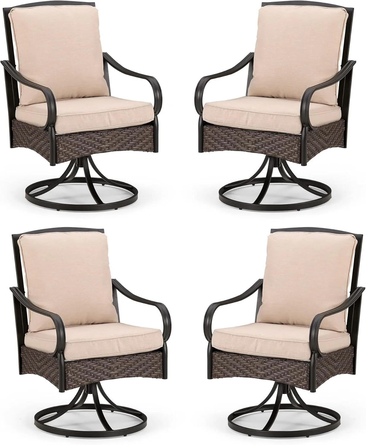 PHI VILLA 6-Piece Outdoor Dining Sets, All-Weather Patio Table and Chairs Set with Umbrella for 4, Heavy Duty Patio Round Table Set for Deck, 4 Extra Large Outdoor Swivel Chairs with Thick Cushions