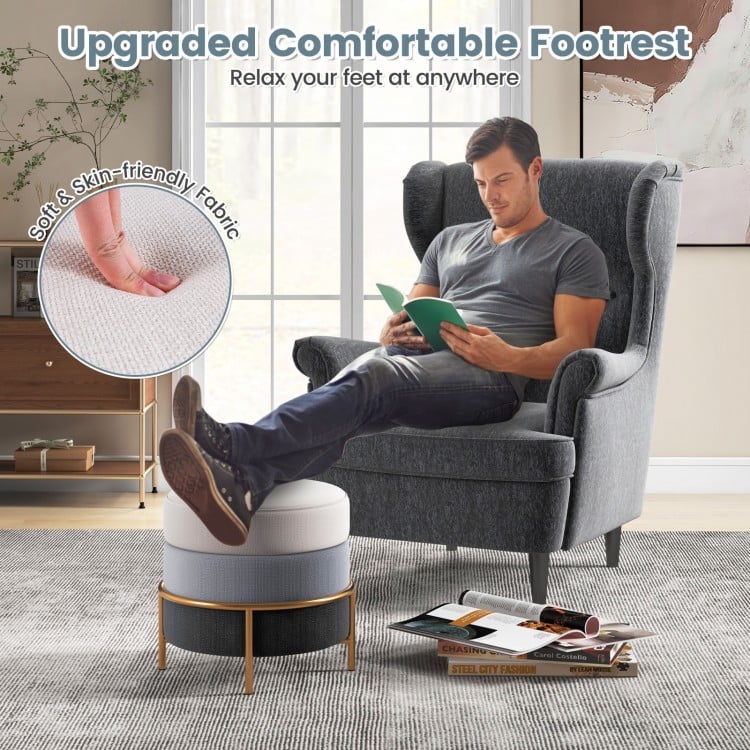 Upholstered Linen Fabric Ottoman with Gold Metal Legs and Anti-slip Foot Pads