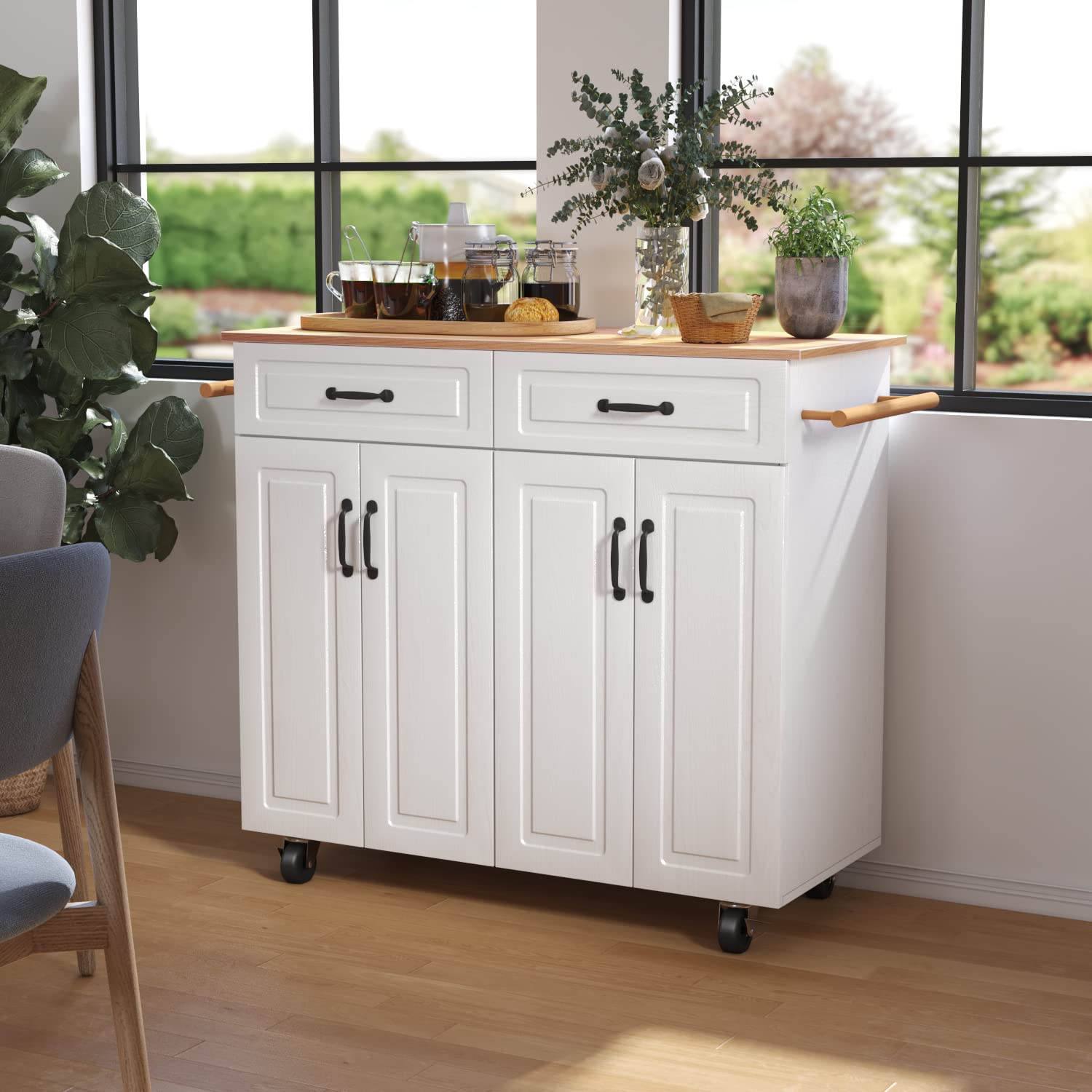 4 EVER WINNER White Kitchen Island Cart, Rolling with Storage, Drawers & Cabinets, Wood Countertop, Towel Racks, Adjustable Shelves