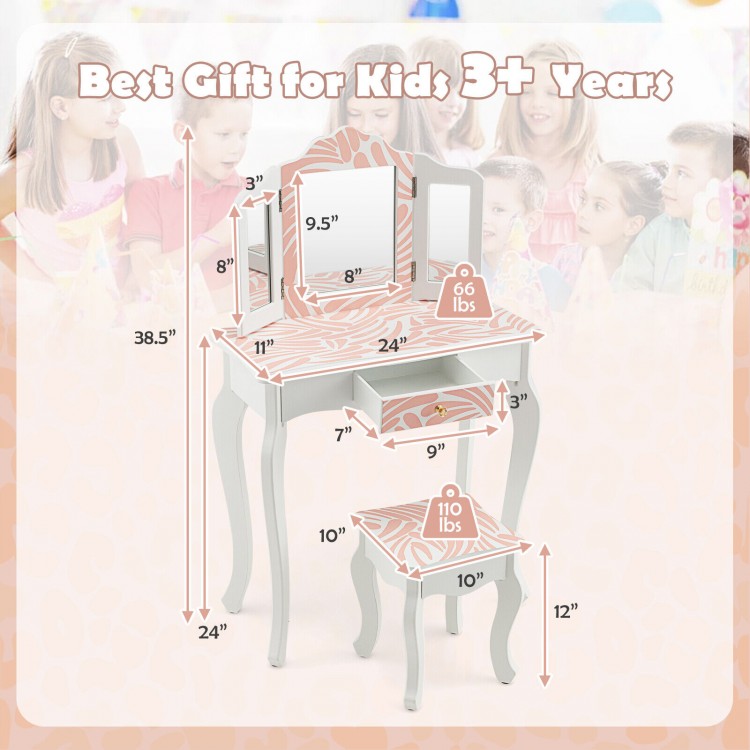 2-in-1 Kids Vanity Table Set with Tri-Folding Mirror