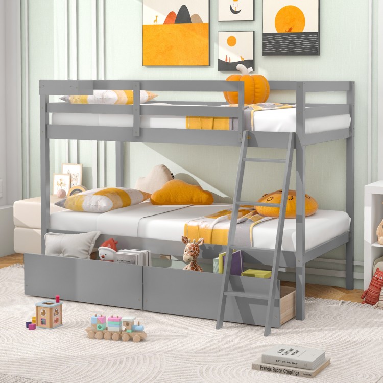 Twin Over Twin Bunk Bed Wood Bed Frame with 2 Storage Drawers and Ladder