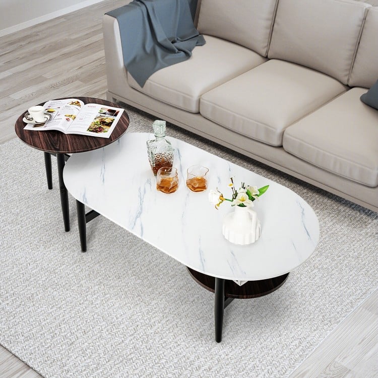 2 in 1 Nesting Coffee Table with Oval Coffee Table and Small Round Table