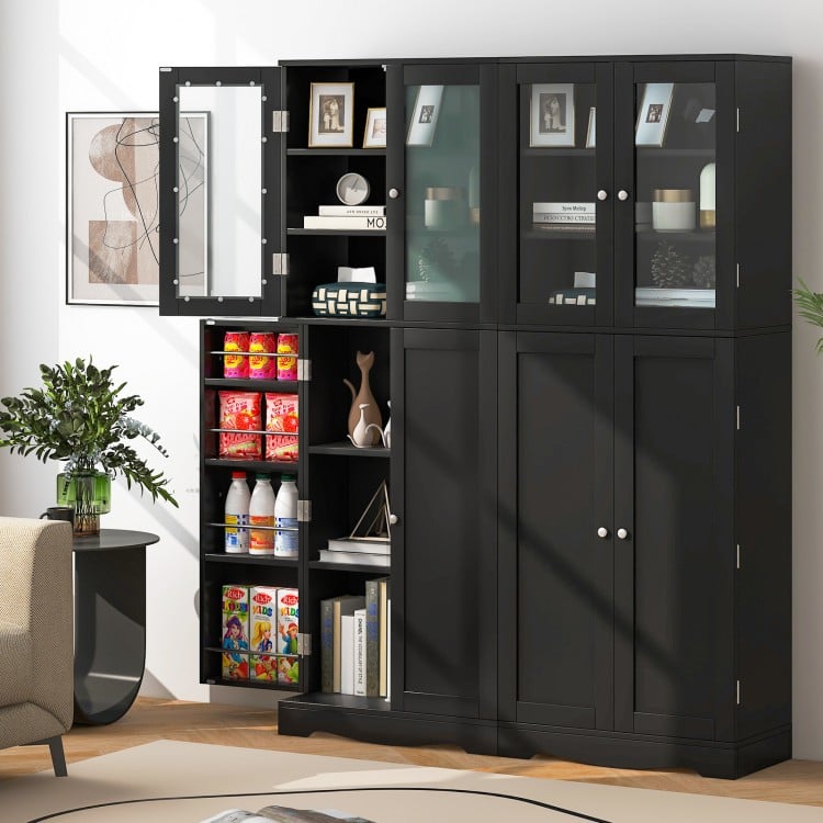 Tall Kitchen Pantry Cabinet with Dual Tempered Glass Doors and Shelves