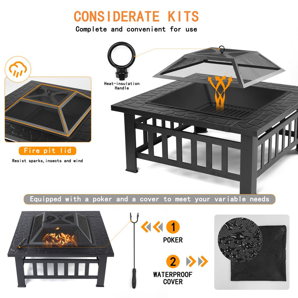 UHOMEPRO 32′′ Outdoor Fire Pit Table, Rust-Resistant Steel, Mesh Lid, BBQ Net, Ice Tray, Cover Included