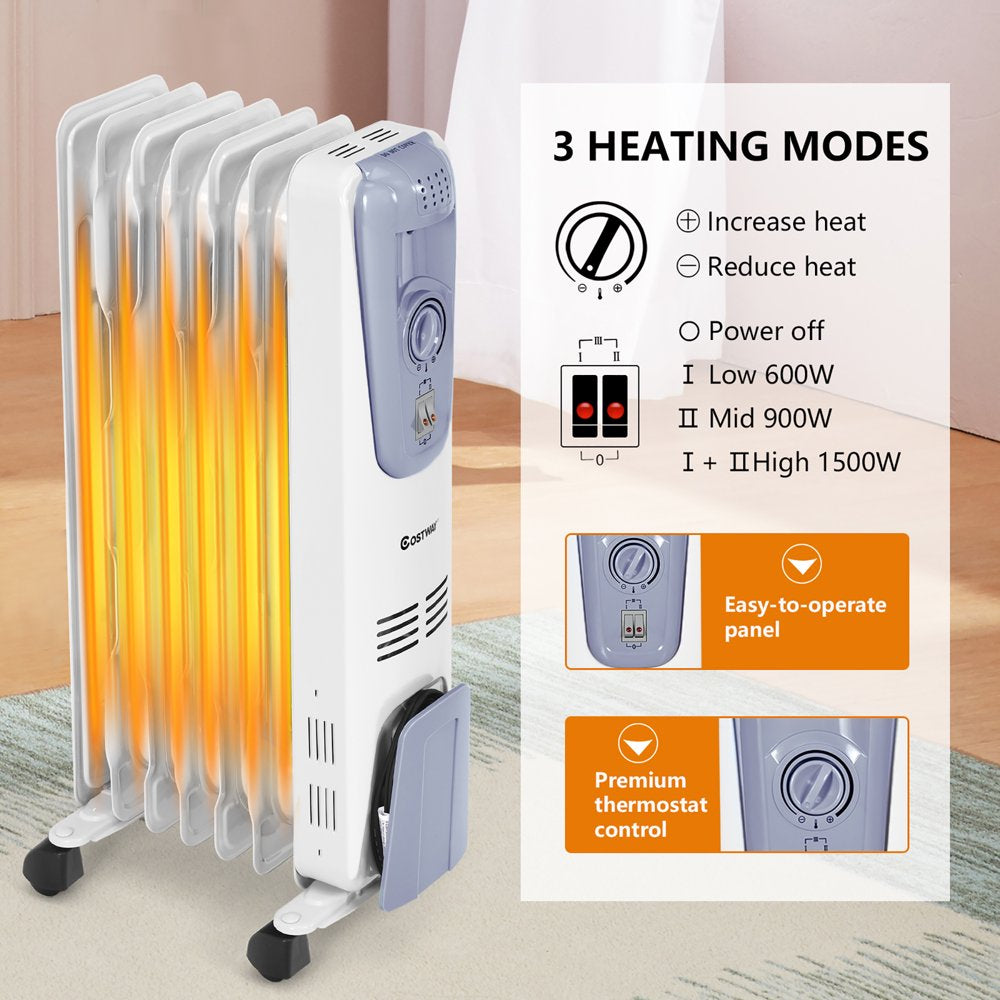 Costway 1500W Electric Oil-Filled Radiator Heater, 7-Fin, Adjustable Thermostat, Safety Shut-Off, Portable