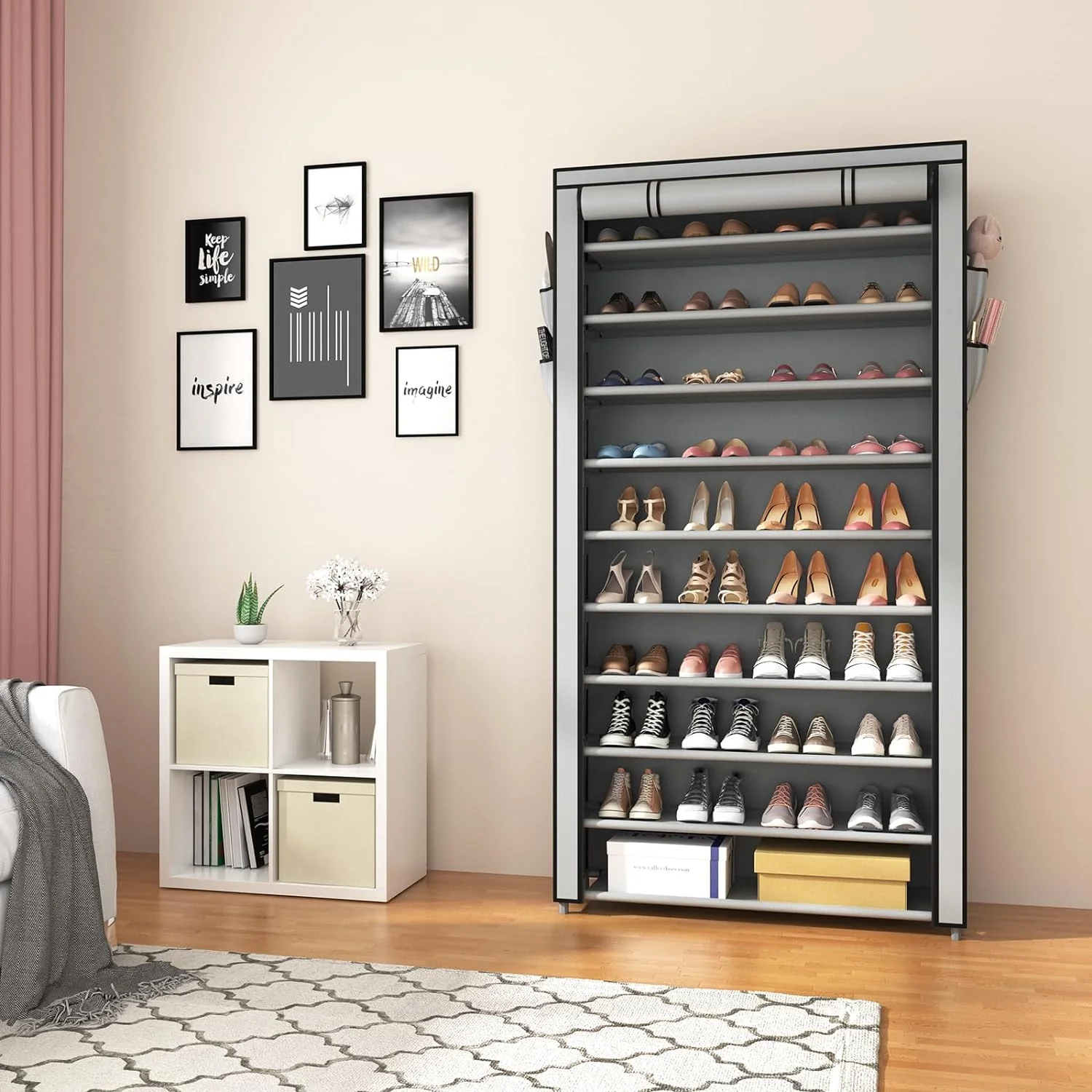 ROJASOP 10 Tier Shoe Rack with Covers,Large Capacity Stackable Tall Shoe Shelf Storage to 50-55 Pairs Shoes and Boots Sturdy Metal Free Standing Shoe Rack Organizer for Closet Entryway Garage