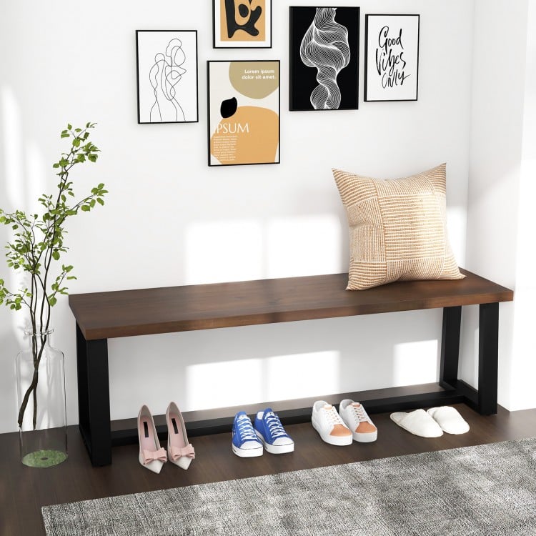 Wood Dining Bench with Metal Frame and Adjustable Footpads