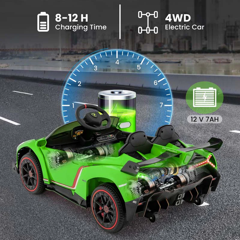 Lamborghini Licensed Kids Ride On 4WD Sports Car, 12V Battery Electric Vehicle Toy with Remote Control, 3 Speeds, Hydraulic Doors