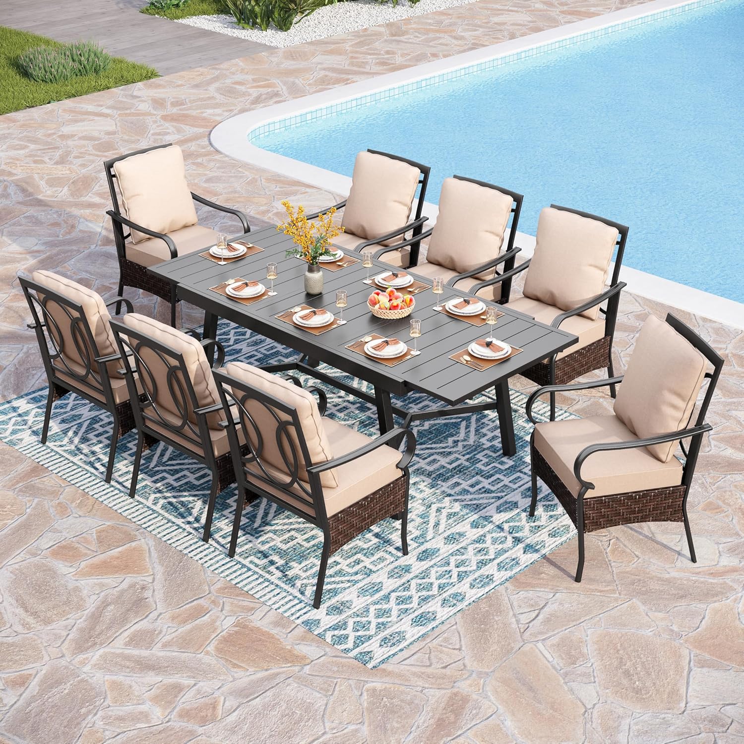 PHI VILLA 6-Piece Outdoor Dining Sets, All-Weather Patio Table and Chairs Set with Umbrella for 4, Heavy Duty Patio Round Table Set for Deck, 4 Extra Large Outdoor Swivel Chairs with Thick Cushions