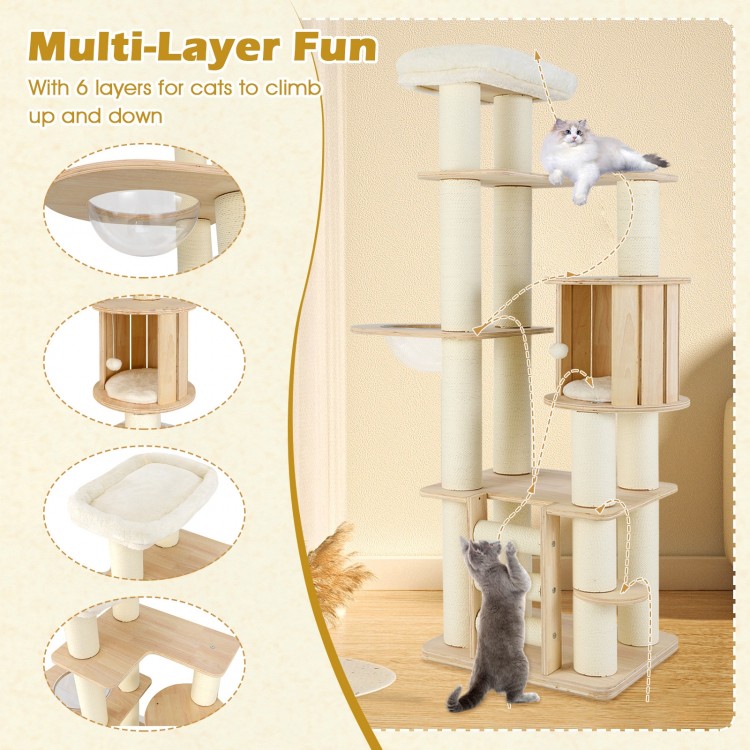 71 Inch Tall Cat Tree Wooden Cat Tower with Cozy Perch Condo Space Capsule