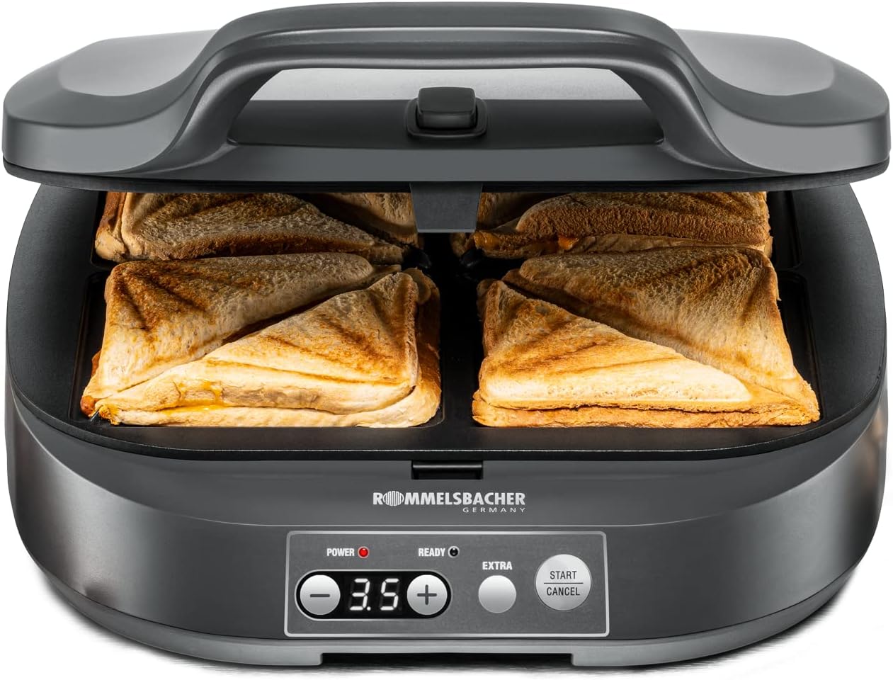 ROMMELSBACHER Sandwich Maker ST 1800, 4 XL sandwiches, non-stick belægning, 15 minutters timer, automatisk slukning, cool touch-kabinet, 1800 watt, skifergrå