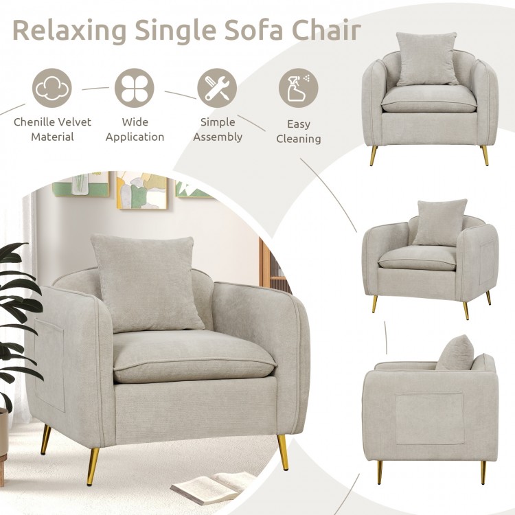 Chenille Velvet Accent Chair with Storage Pockets