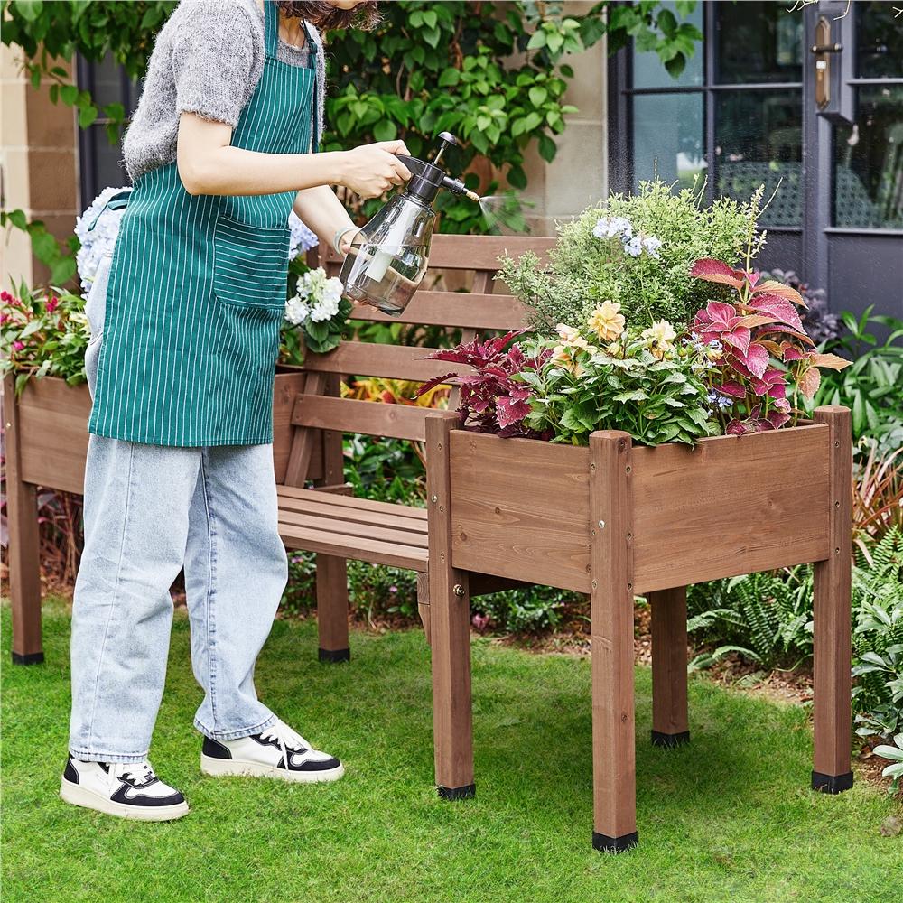 SmileMart Outdoor Wood Bench with Double Planter Boxes, Brown, Fir Wood, Water-Resistant