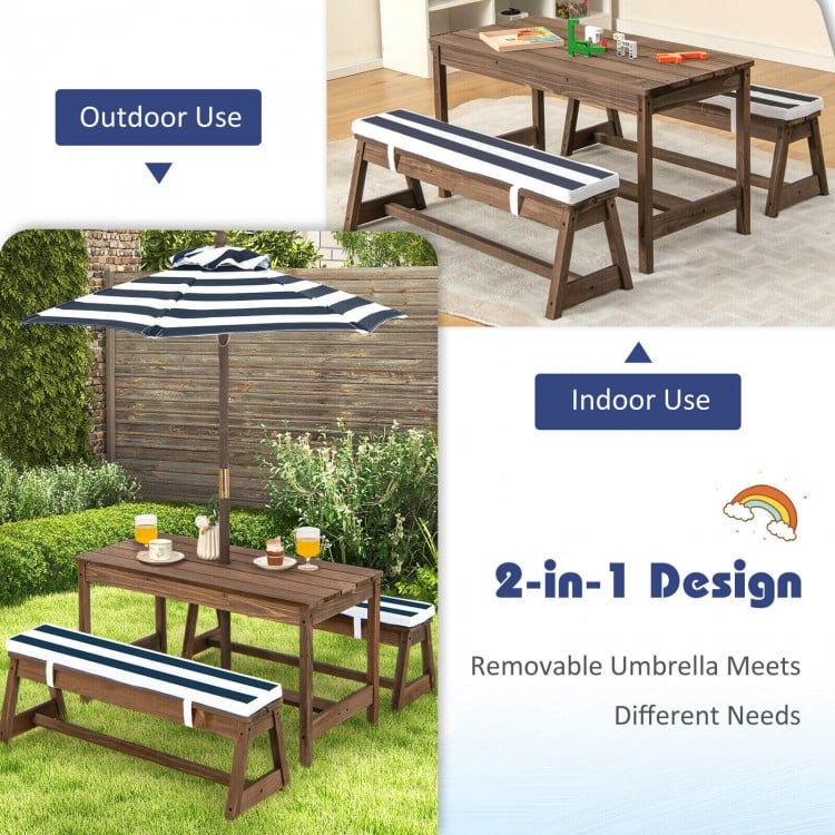 Kids Picnic Table and Chairs with Cushions and Height Adjustable Umbrella