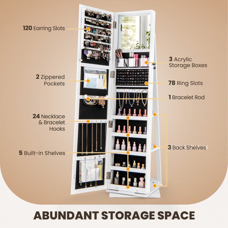 360° Swivel Jewelry Armoire Standing Jewelry Organizer with Full Length Mirror and Back Shelves