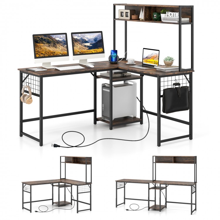 L-shaped Desk with Power Outlet Hutch