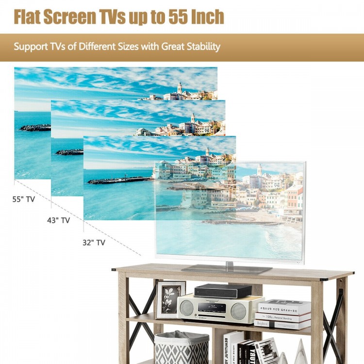 3 Tier Wood TV Stand for 55-Inch with Open Shelves and X-Shaped Frame
