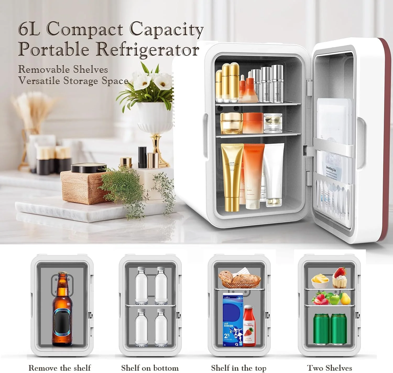 Skincare Fridge, 6L/10 Can Mini Fridge for Bedroom with Dimmable LED Mirror, Portable Cooler & Warmer Small Compact Refrigerator for Skincare, Cosmetics, Bedroom and Office, White