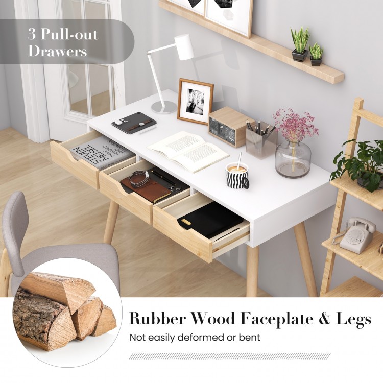 Computer Desk with 3 Drawers and Solid Rubber Wood Legs for Home Office