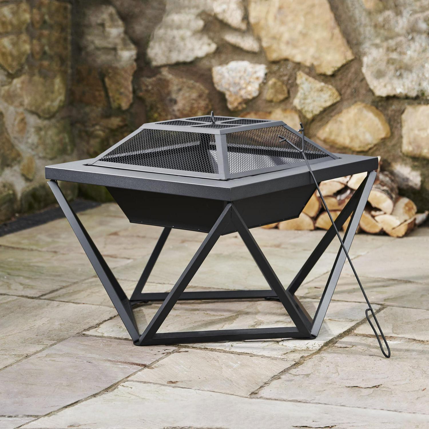 Teamson Home 24′′ Wood Burning Fire Pit, Square Design with Geometric Base, Black, Outdoor Use