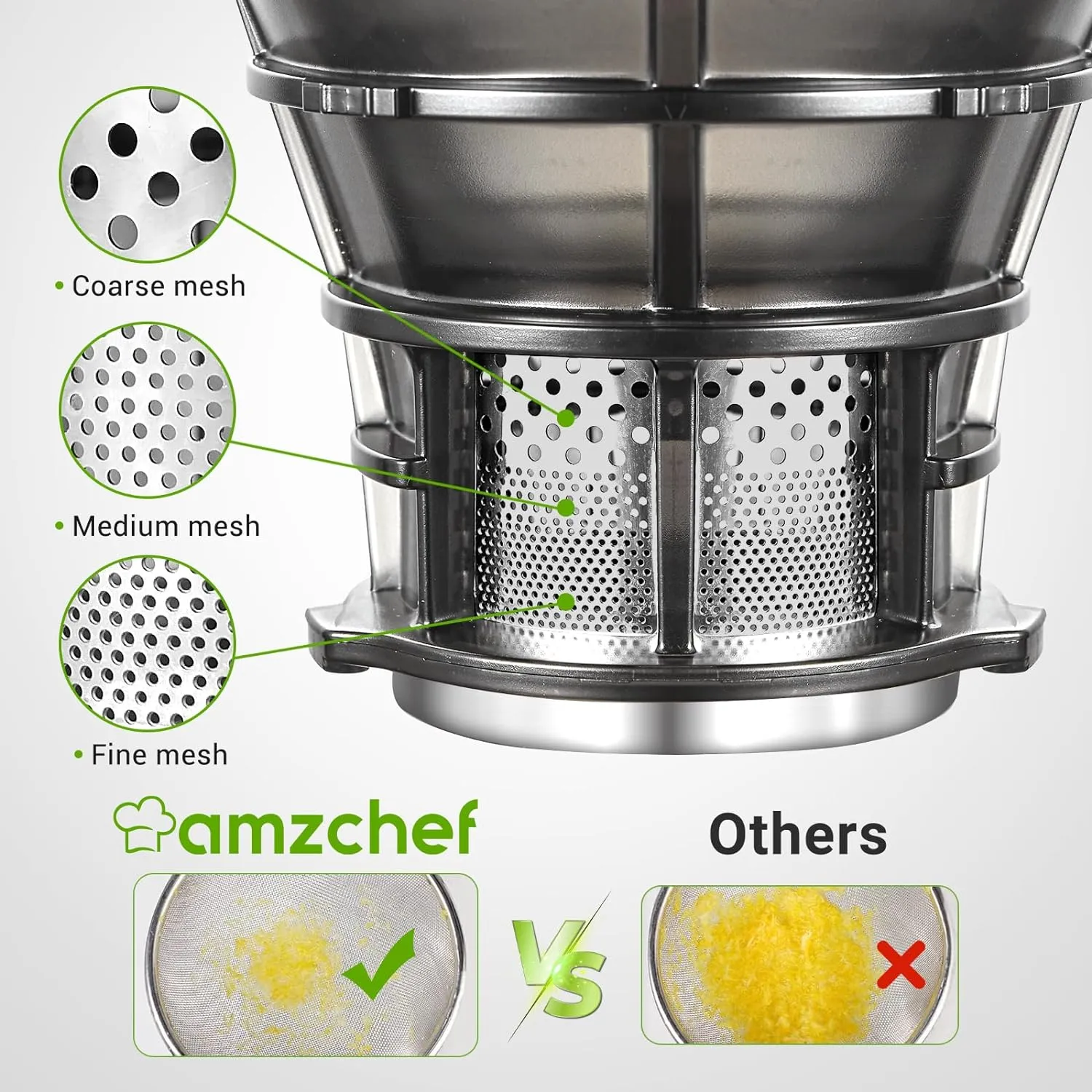 AMZCHEF SJ-036 Silver Juicer, 250W Cold Press Masticating, Self-Feeding, BPA-Free, 1.8L Capacity, Easy Clean, High Yield