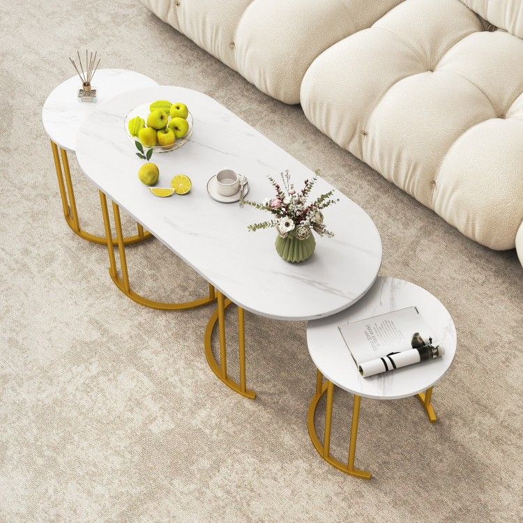 Nesting Coffee Table Set of 3 with Faux Marble Tabletop and Powder-coated Gold Metal Frame