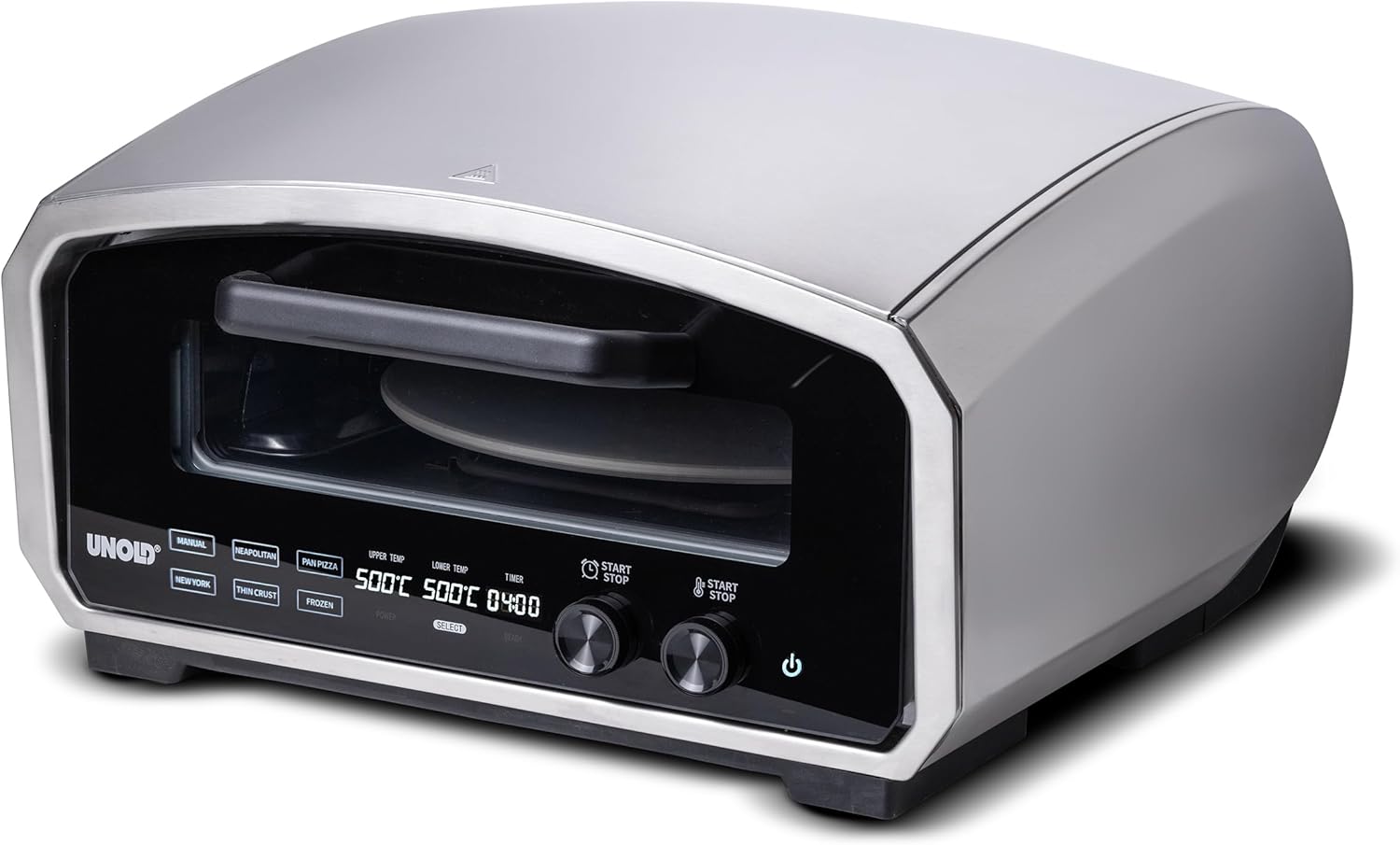 Unold 68916 pizzaovn Enzo elektrisk roterende pizzasten 33 cm ca. 500 °C 6 programmer til indendørs og udendørs inklusive tilbehør