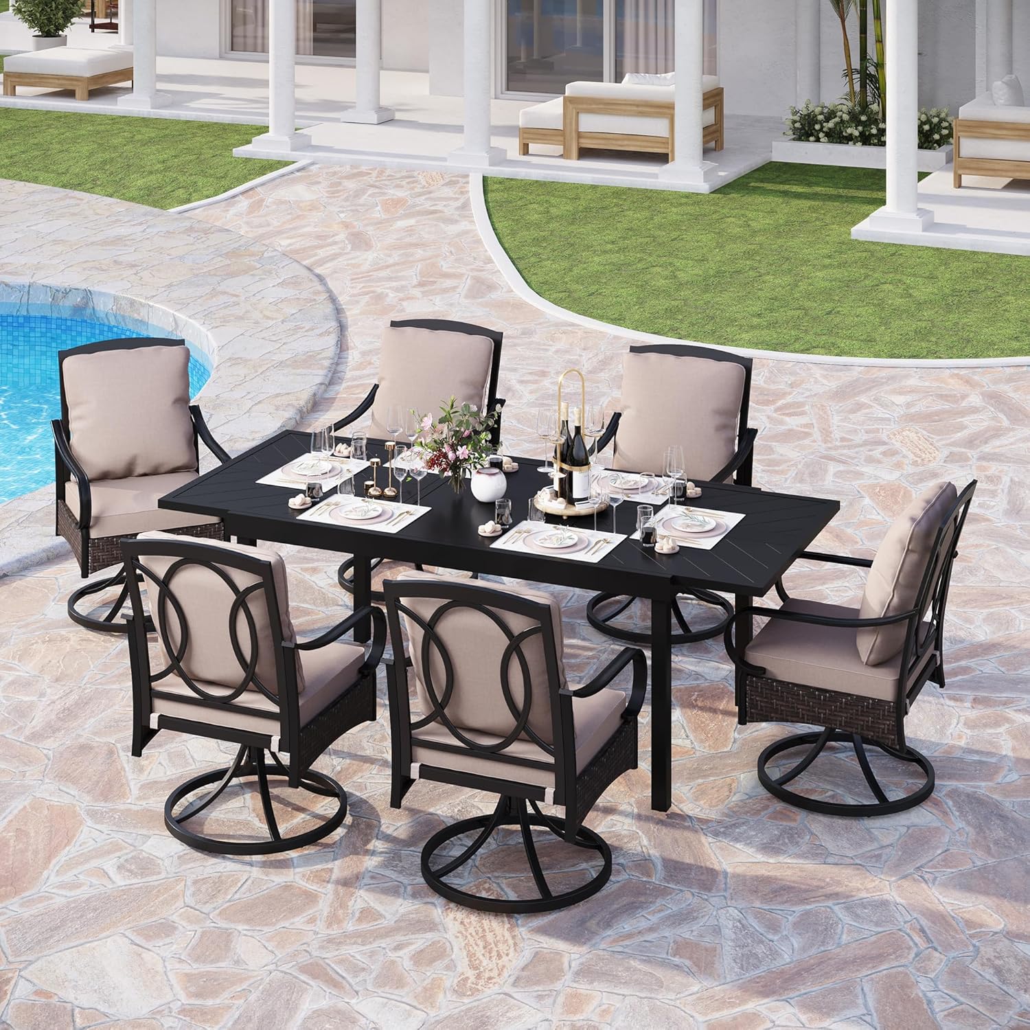 PHI VILLA 6-Piece Outdoor Dining Sets, All-Weather Patio Table and Chairs Set with Umbrella for 4, Heavy Duty Patio Round Table Set for Deck, 4 Extra Large Outdoor Swivel Chairs with Thick Cushions
