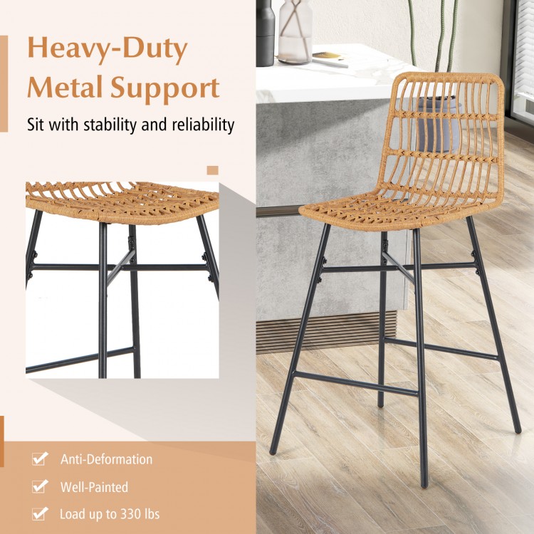 Set of 2 Rattan Bar Stools with Sturdy Metal Frame