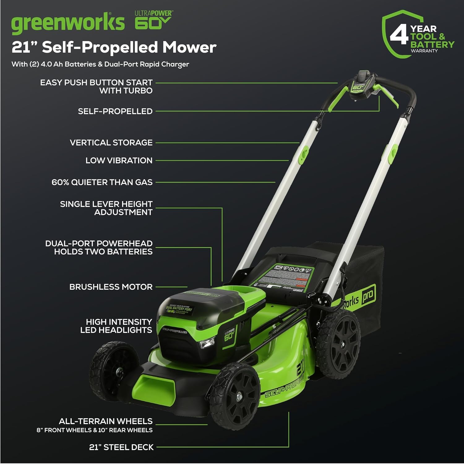 Greenworks 60V 21 Cordless (Self-Propelled) Lawn Mower , 2 x 4.0Ah Batteries and Dual Port Rapid Charger
