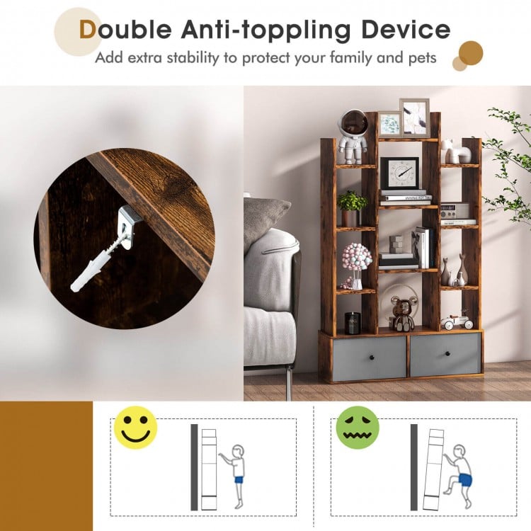 12-Tier Open-Back Freestanding Bookshelf with Drawer