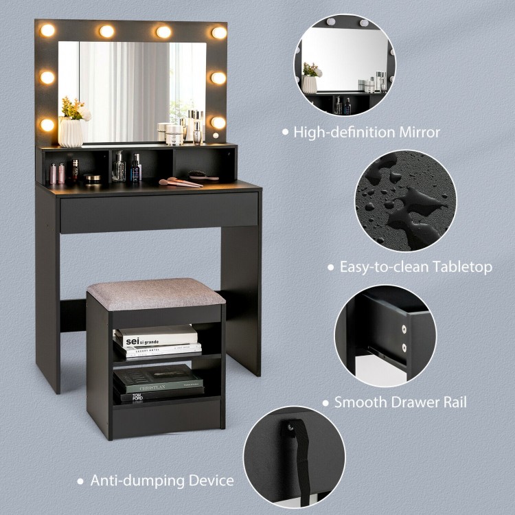 Vanity Table Set with Cushioned Stool and Lighted Mirror