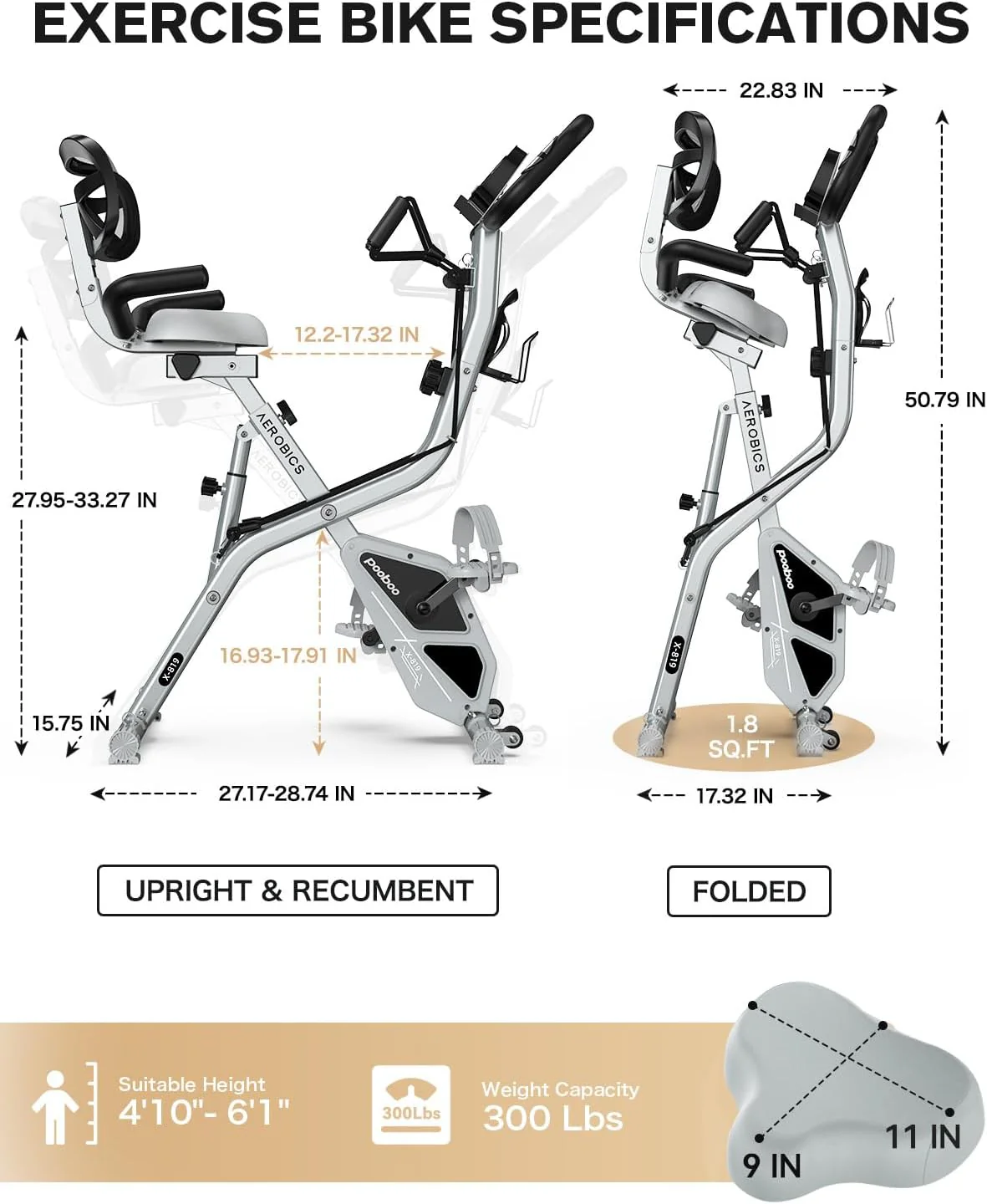 pooboo Folding Exercise Bike, Foldable Fitness Stationary Bike Machine, Upright Indoor Cycling Bike, Magnetic X-Bike with 8-Level Adjustable Resistance, Bottle Holder & Back Support Cushion for Home Gym Workout