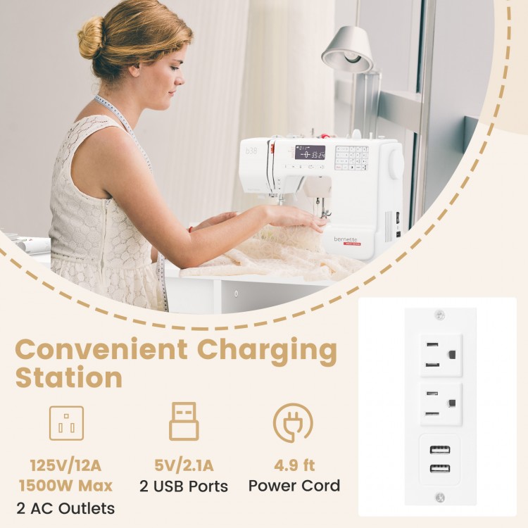 Folding Sewing Table with Charging Station and Storage Shelves