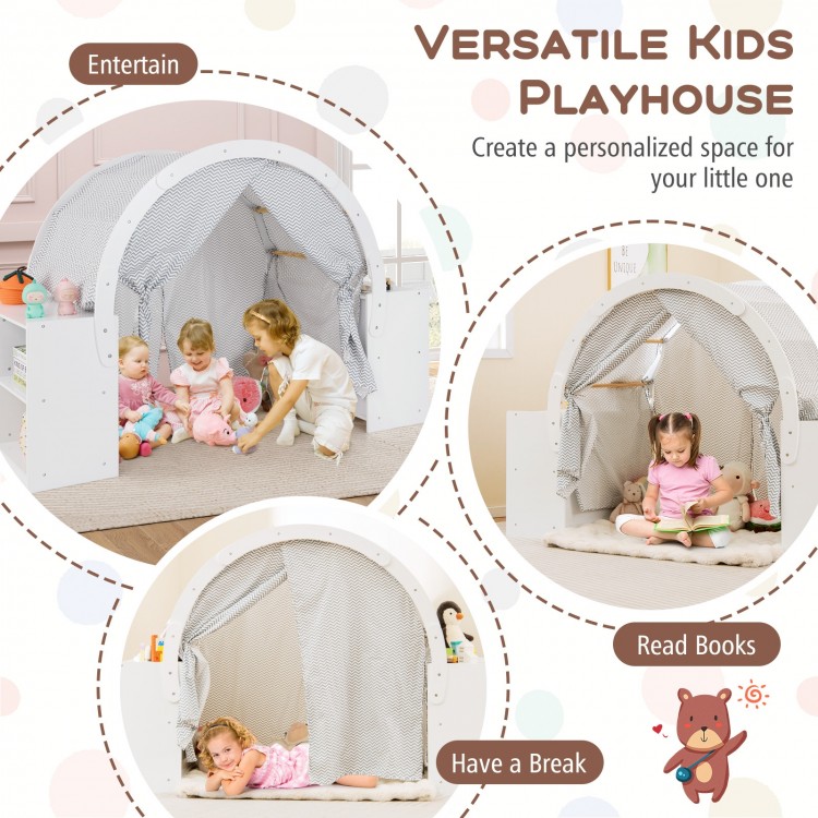 Wooden Kids Play Tent with Curtain Shades and 8 Cubbies