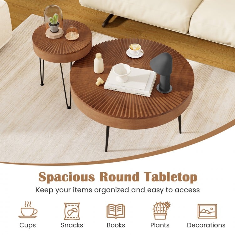 Set of 2 Boho Round Coffee Table with Solid Pine Wood Top and Metal Legs