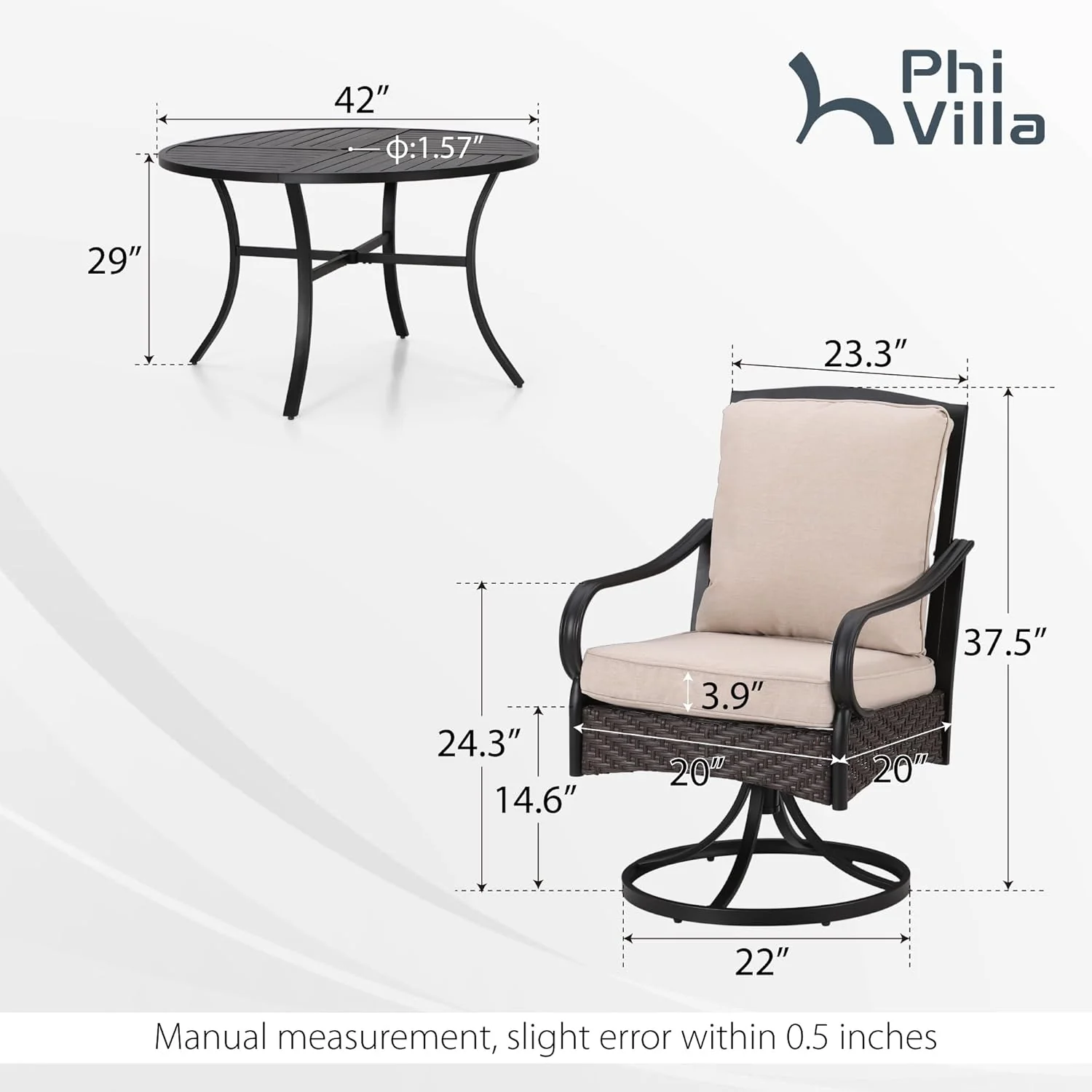 PHI VILLA 6-Piece Outdoor Dining Sets, All-Weather Patio Table and Chairs Set with Umbrella for 4, Heavy Duty Patio Round Table Set for Deck, 4 Extra Large Outdoor Swivel Chairs with Thick Cushions