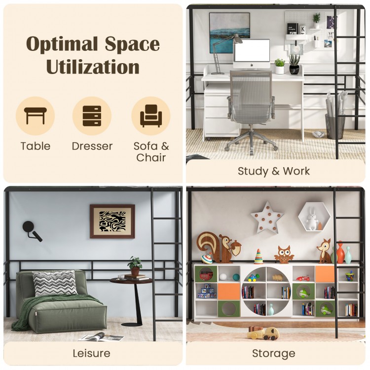 Twin Metal Loft Bed Frame with Ladder and Metal Slats Support