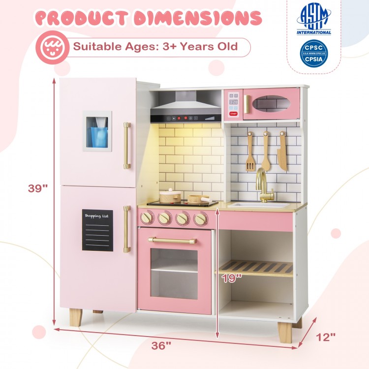 Wooden Pretend Play Kitchen with Ice Maker Range Hood and Blackboard