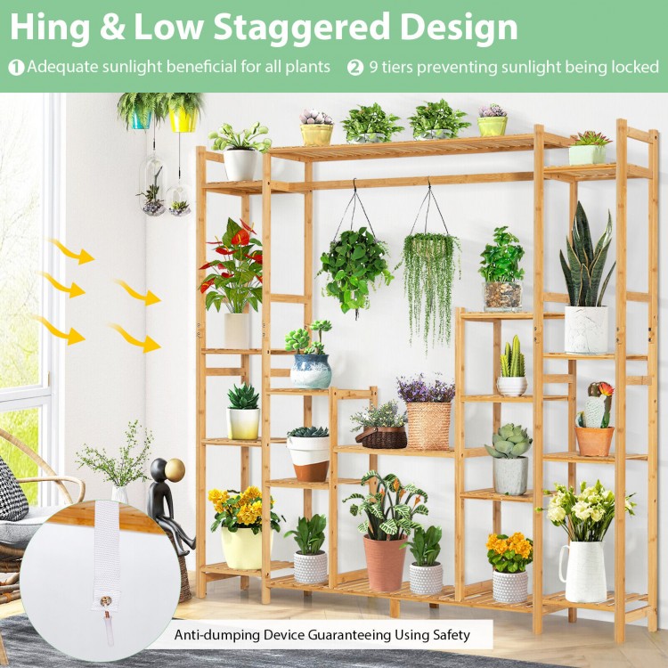 9-Tier Bamboo Plant Stand with Hanging Rack
